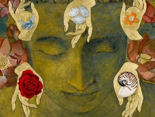 Allison Atwill, "Hands and Eyes," 2008. Acrylic on birch panel with gold leaf.