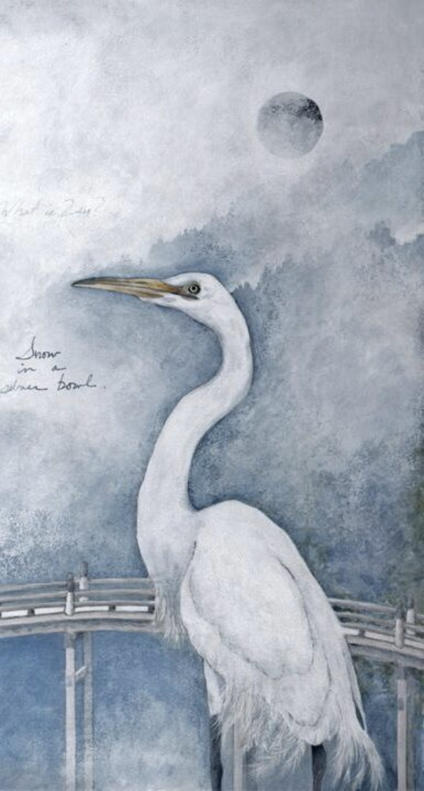 Watercolor of an egret beneath the moon on an arched bridge, titled Snow in a Silver Bowl