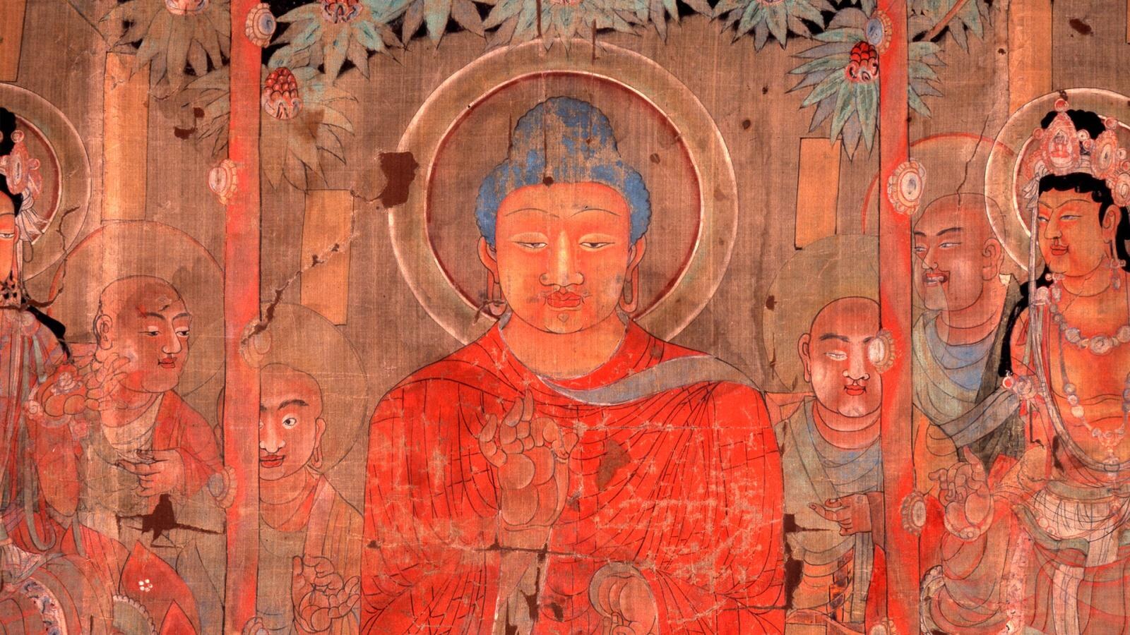 Antique Buddhist painting of a red-robed Buddha seated among attendants, placeholder hero imagery